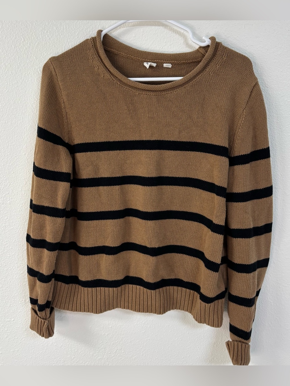 GAP Women’s Medium Camel Black Striped Cotton Knit Sweater